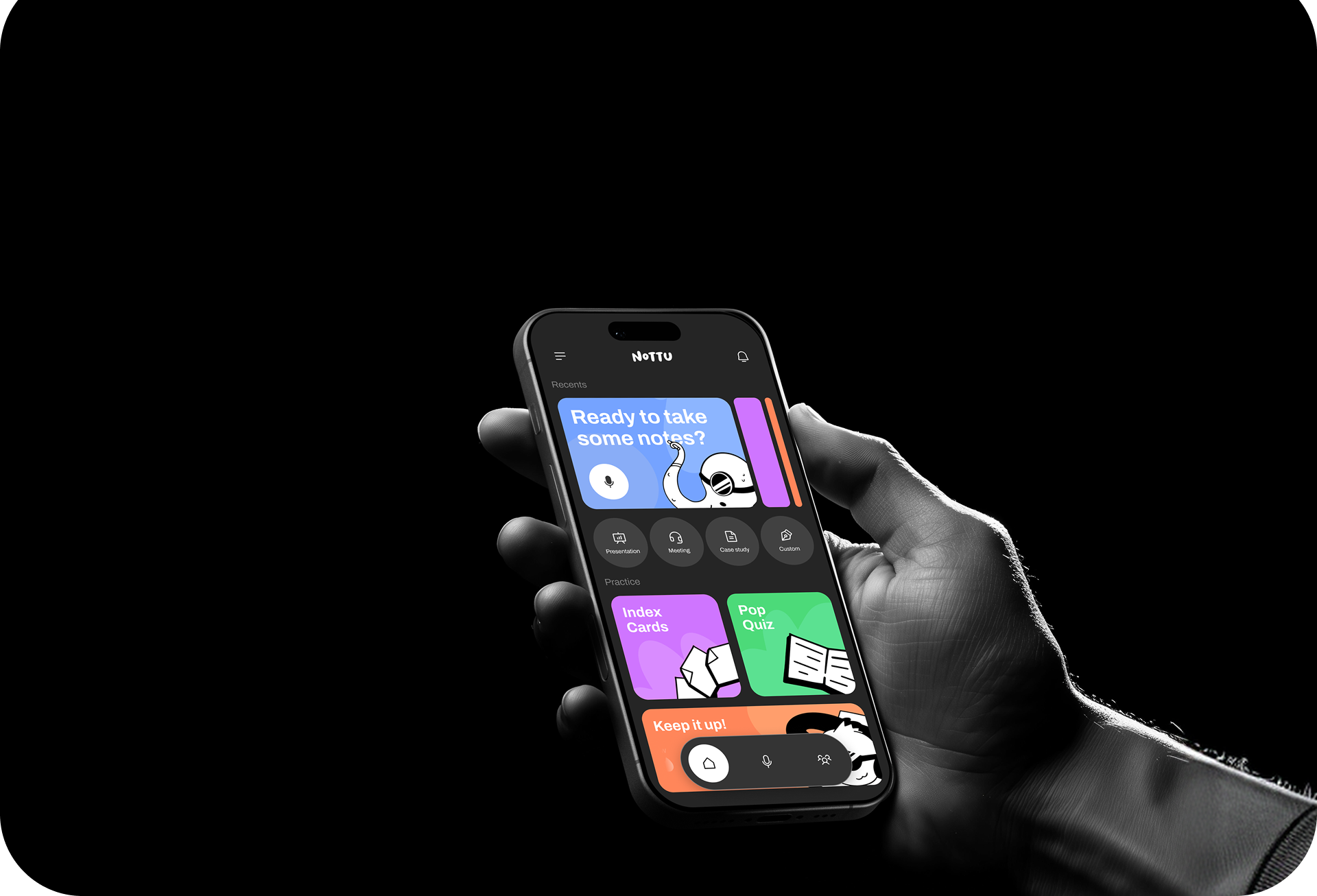 Hand holding a phone with the Nottu app